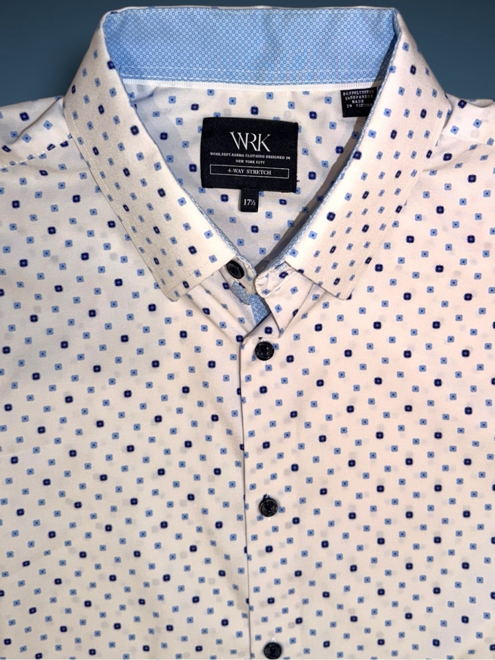 WRK 4-Way Stretch Dress Shirt 17.5 White Blue Geometric Performance Button Up